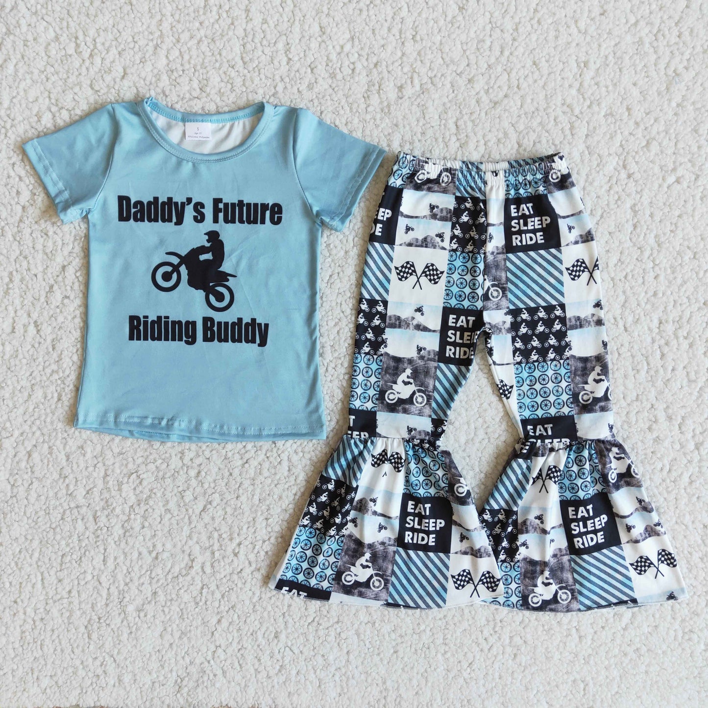 promotion RTS E8-18 daddy's future riding buddy letters plaid blue white short sleeve bell bottom pant girl outfit 20230606