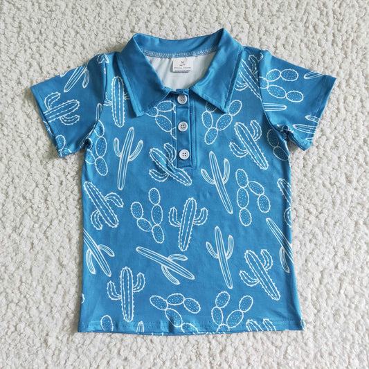 BT0020 RTS ranch hippie cow print boy blue short sleeve collar shirt top 0701