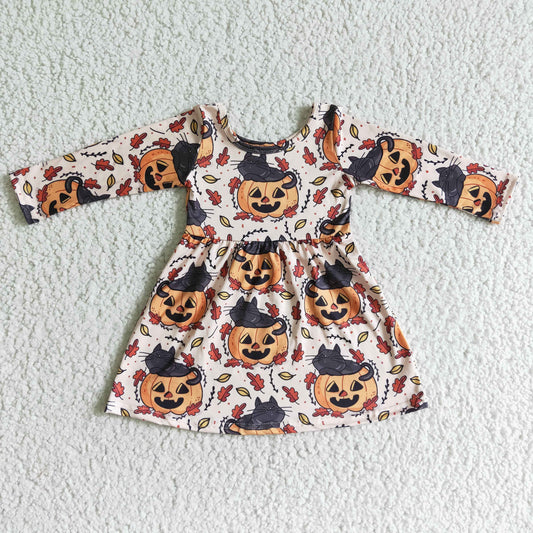 orange long sleeve black cat pumpkin girl dress halloween 0728 RTS
