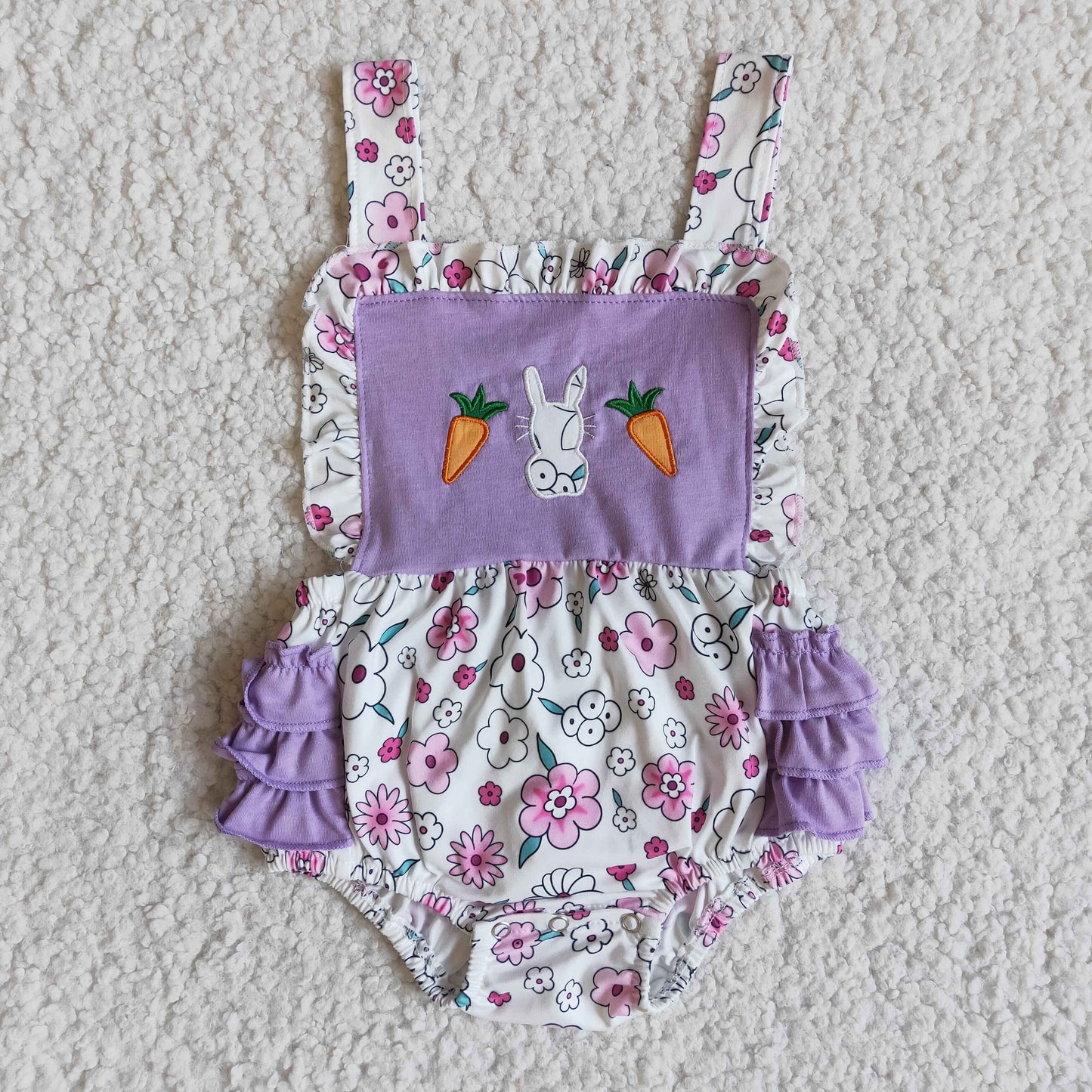 promotion RTS easter carrots rabbit embroidery purple flowers ruffles short sleeve romper 0309