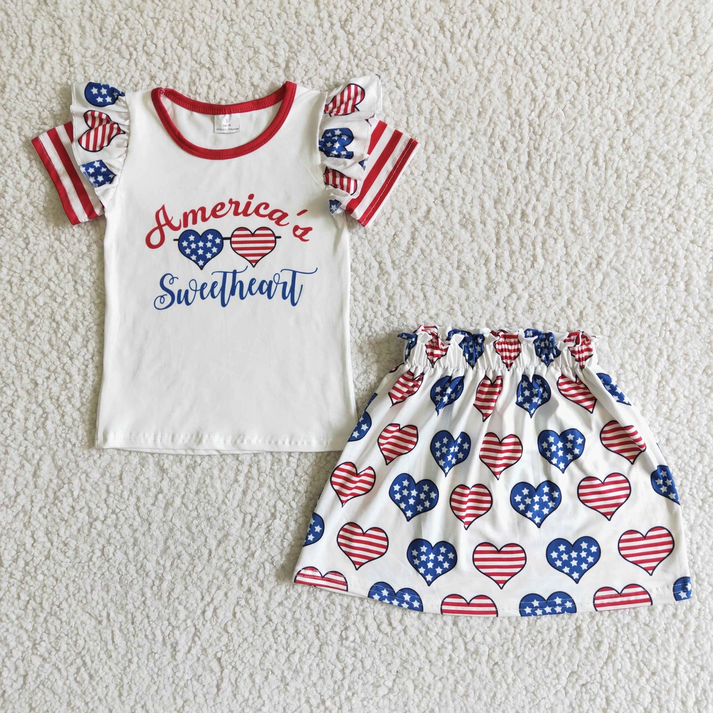 PROMOTION white red blue stripes stars 4th of july short sleeve skirt girl outfits 0406