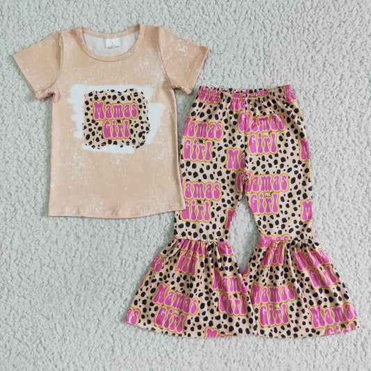 RTS orange mamas girl short sleeves leopard bell bottom pants hot pink girl outfit 0606
