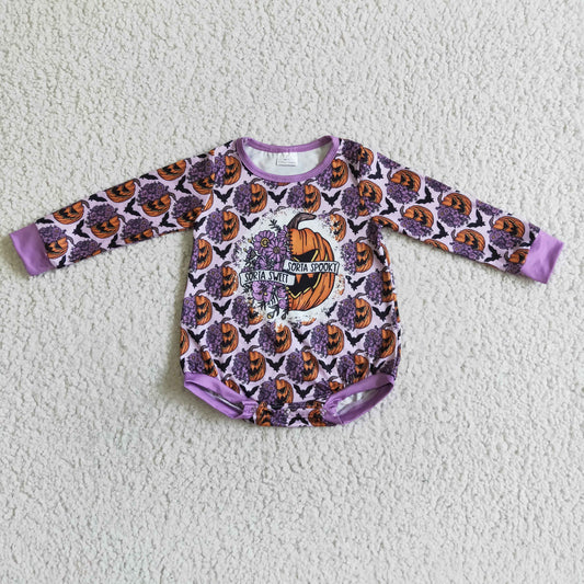 0812 RTS LR0079 orange pumpkin flower bat halloween purple long sleeve baby boy bubble romper