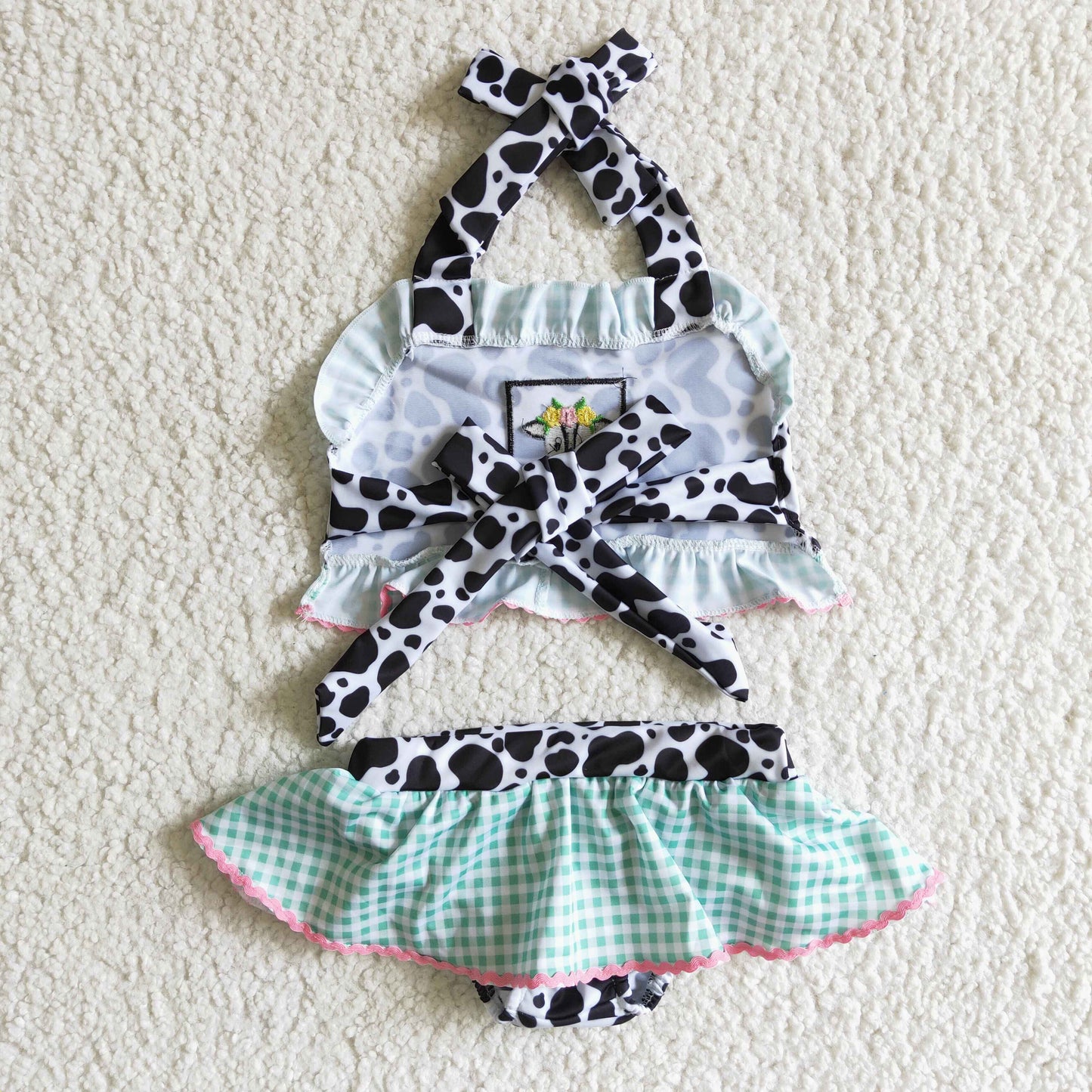 S0005 cow embroidery print green white plaid girl swimwear 2pcs