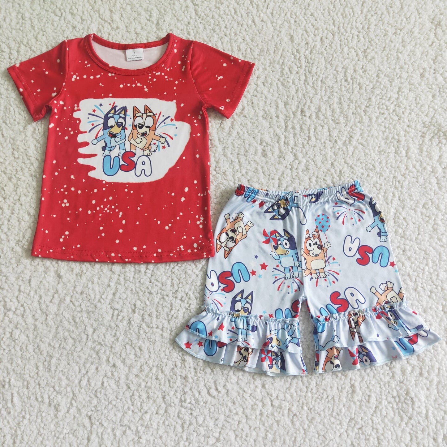 PROMOTION USA cartoon blue dog print red top ruffles short sleeve shorts girl outfits 0410