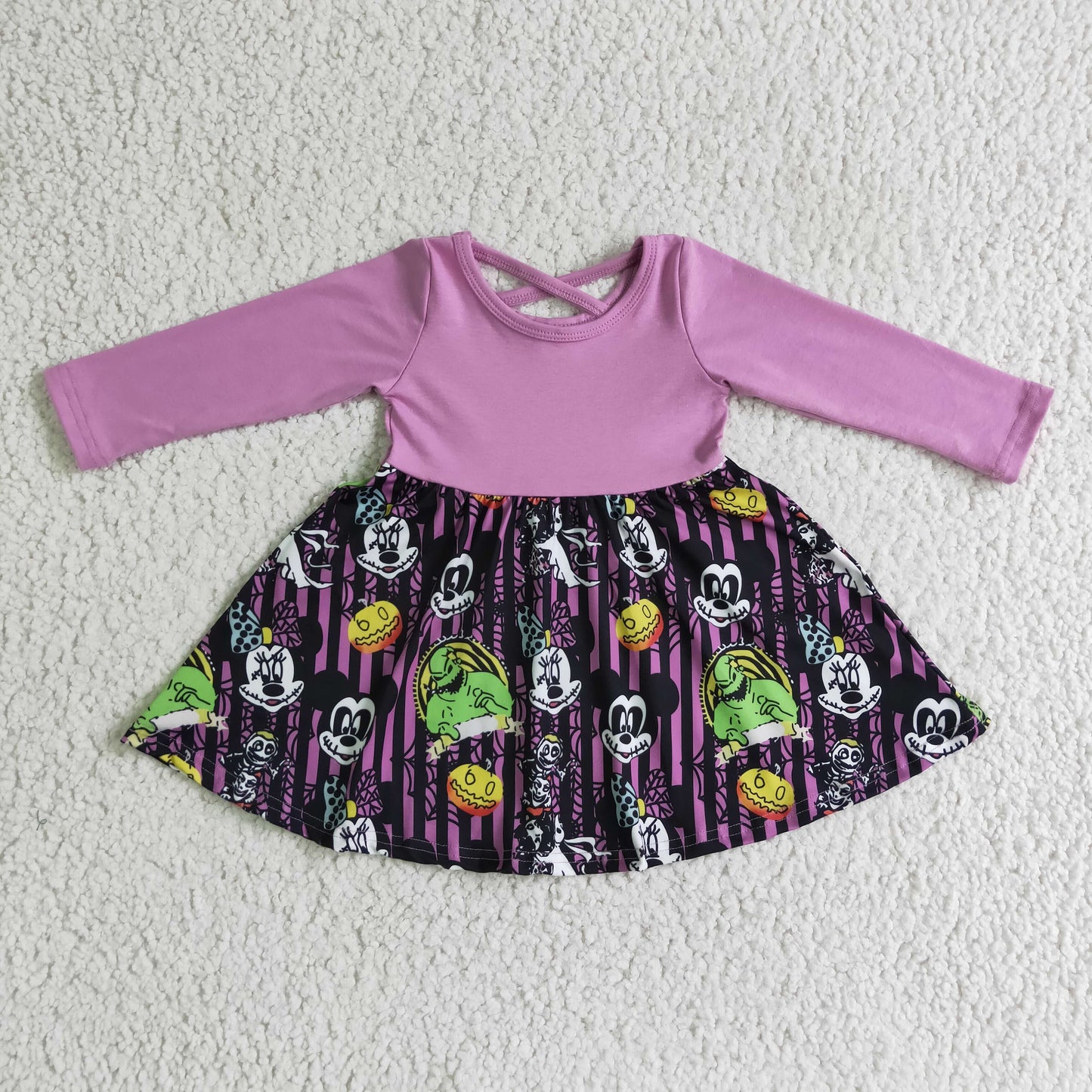 202408 RTS promotion GLD0059 RTS purple long sleeve crisscross cartoon mouse pumpkin purple girl dress