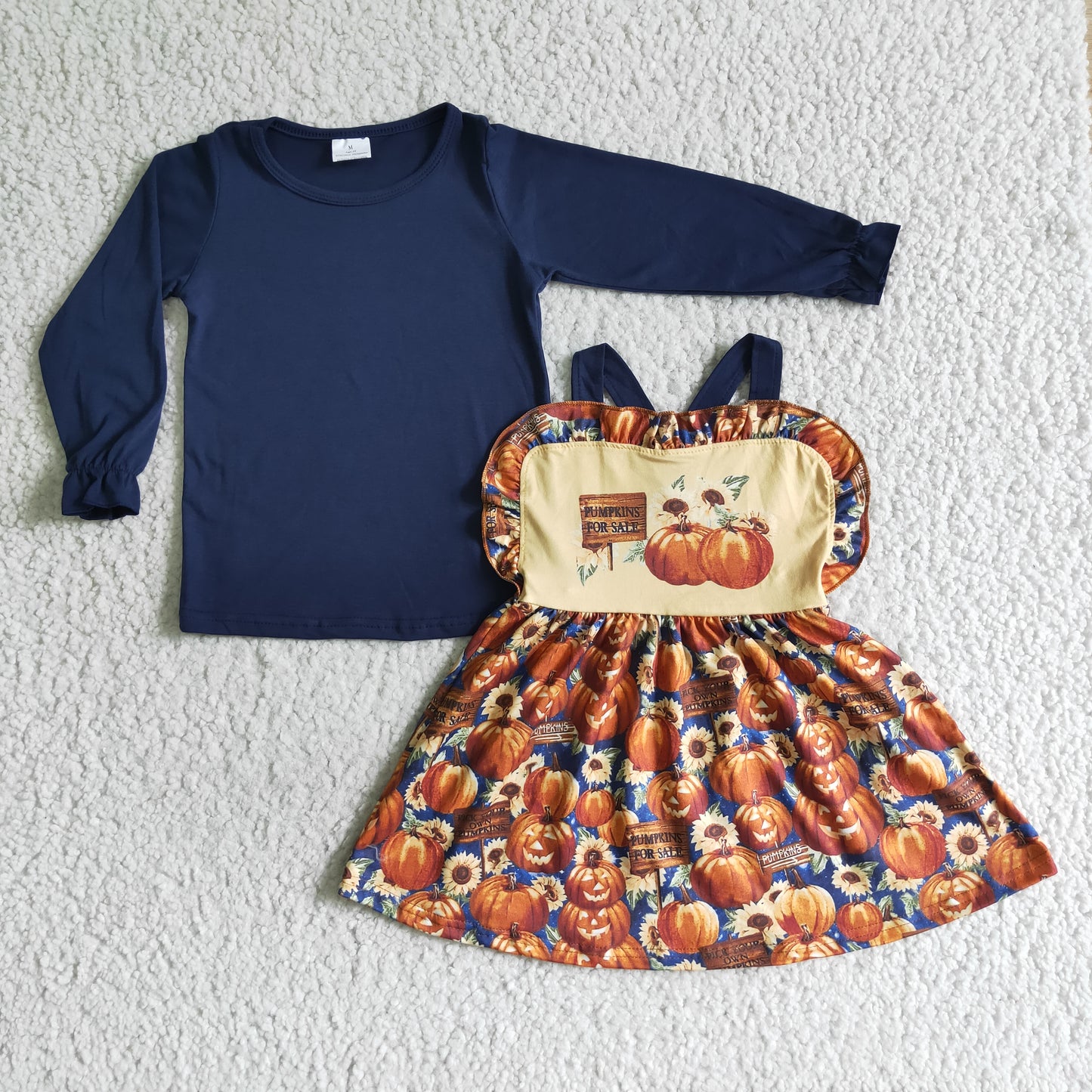 0726 RTS long sleeve blue top halloween overall suspender pumpkin skirt dress girl outfit