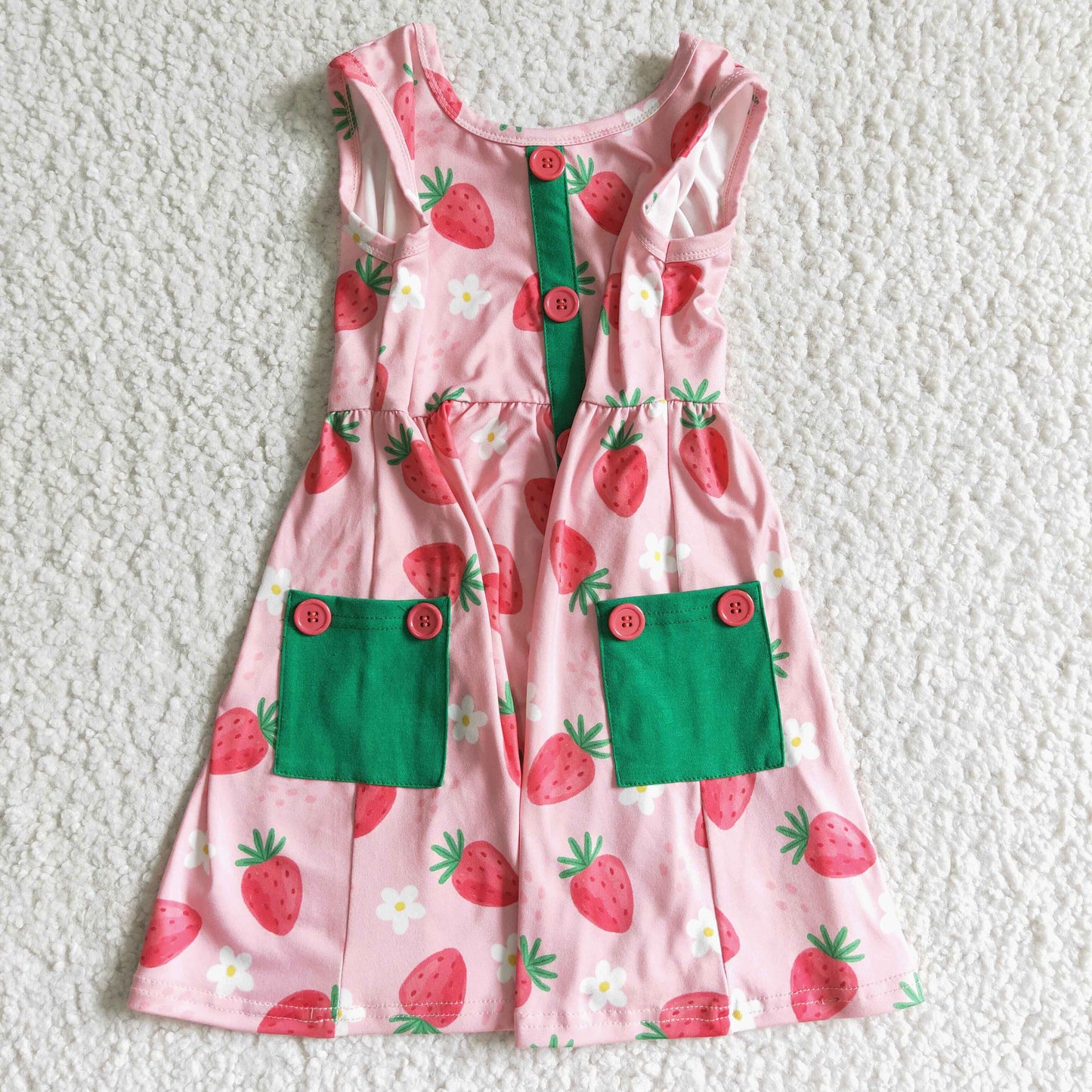 strawberry green pockets buttons sleeveless girl dress 0428