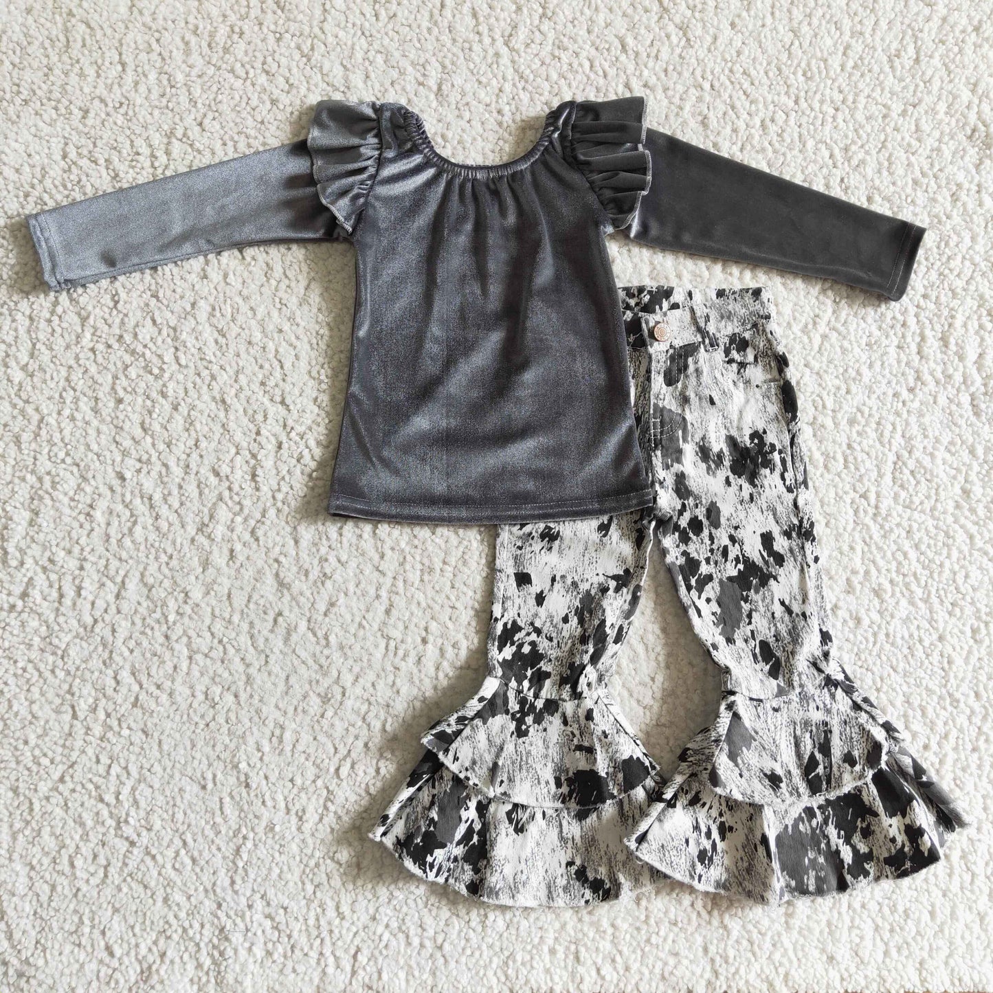 GT0063 velvet grey jeans long sleeve girl outfit 1029 RTS