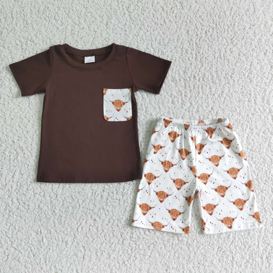 promotion 202404 brown top pocket boy cow print brown short sleeve shorts outfit boy clothes real pic 0520