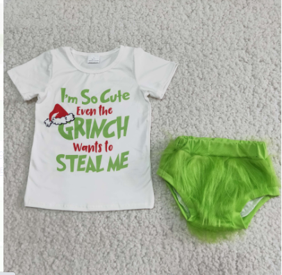 GBO0050 RTS green grin top green bummies Christmas clothes 0524