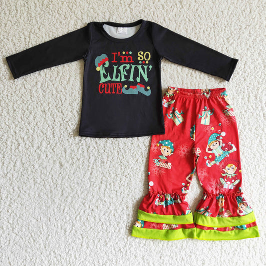 promotion GLP0155 Christmas black long sleeve top cartoon kids bell bottom girl outfits 0830 RTS 	 GLP0155