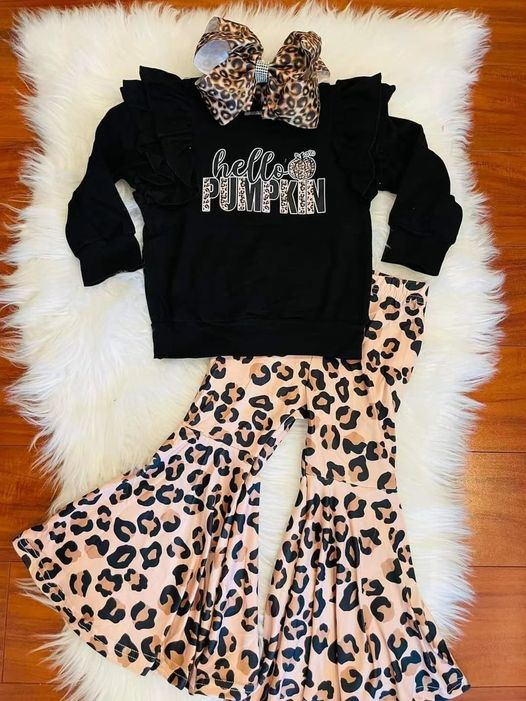 RTS 0713 long sleeve black top pumpkin halloween leopard pants girl outfit