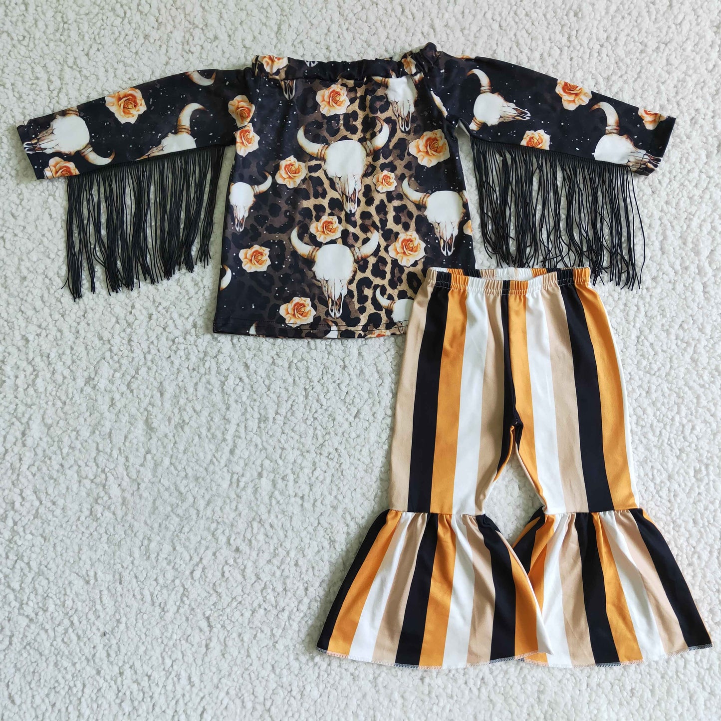 pattern yellow flower cow tassel long sleeve stripe bell bottom pants outfit 0829 RTS