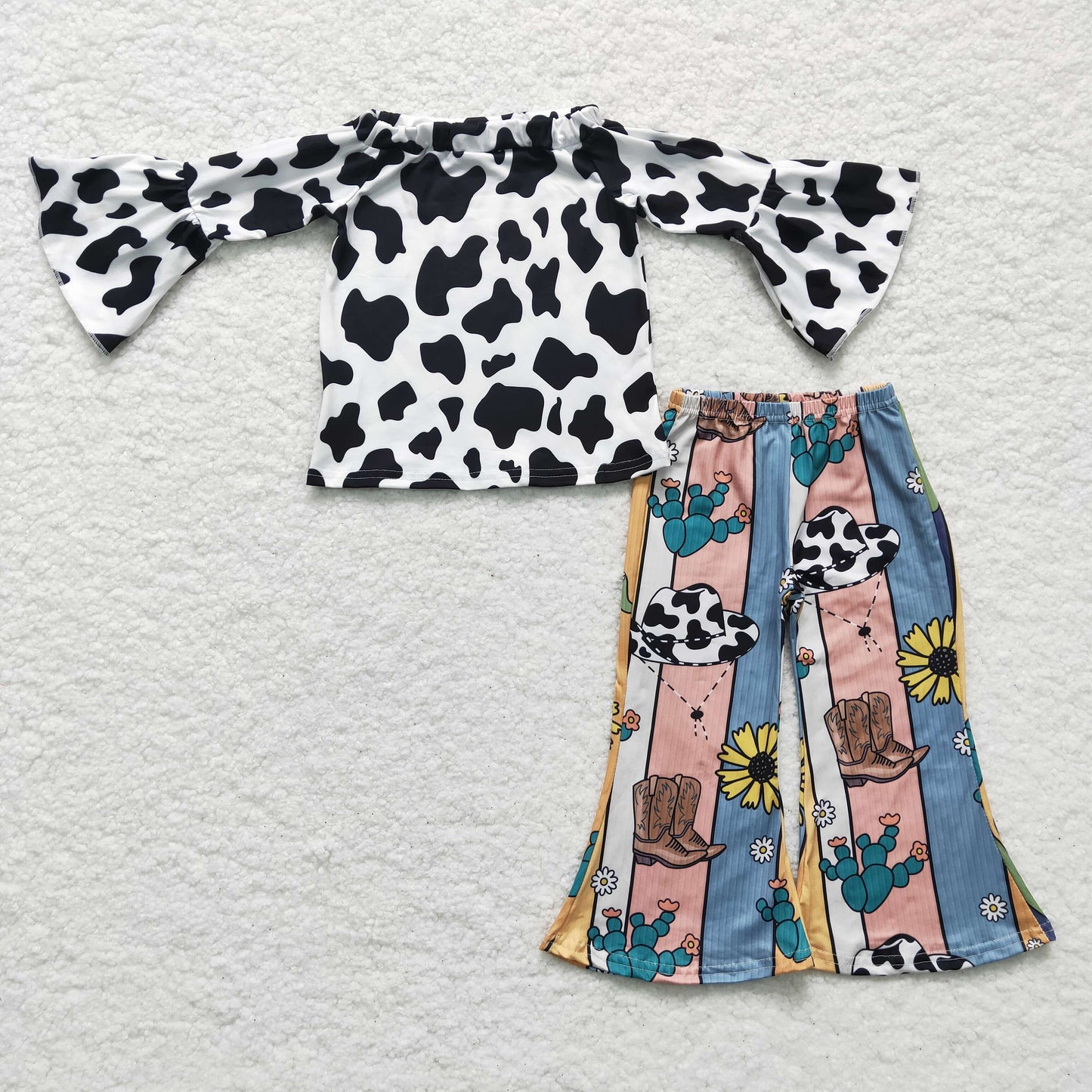 promotion RTS GLP0375 Cow western boot print girl long sleeve flare outfit 1201