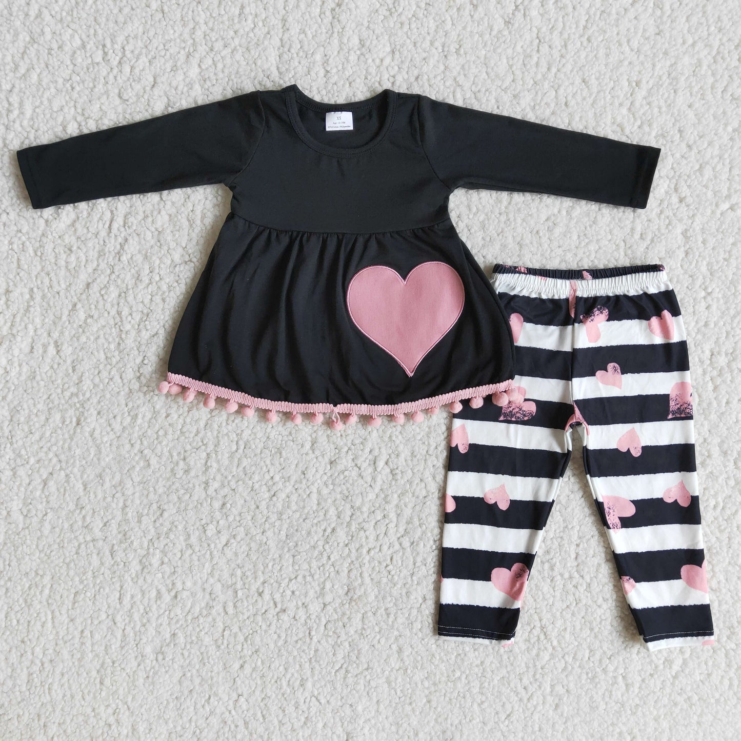 6 A27-29 Embroidery valentine girl black white stripe love long sleeve legging pant outfit 1221