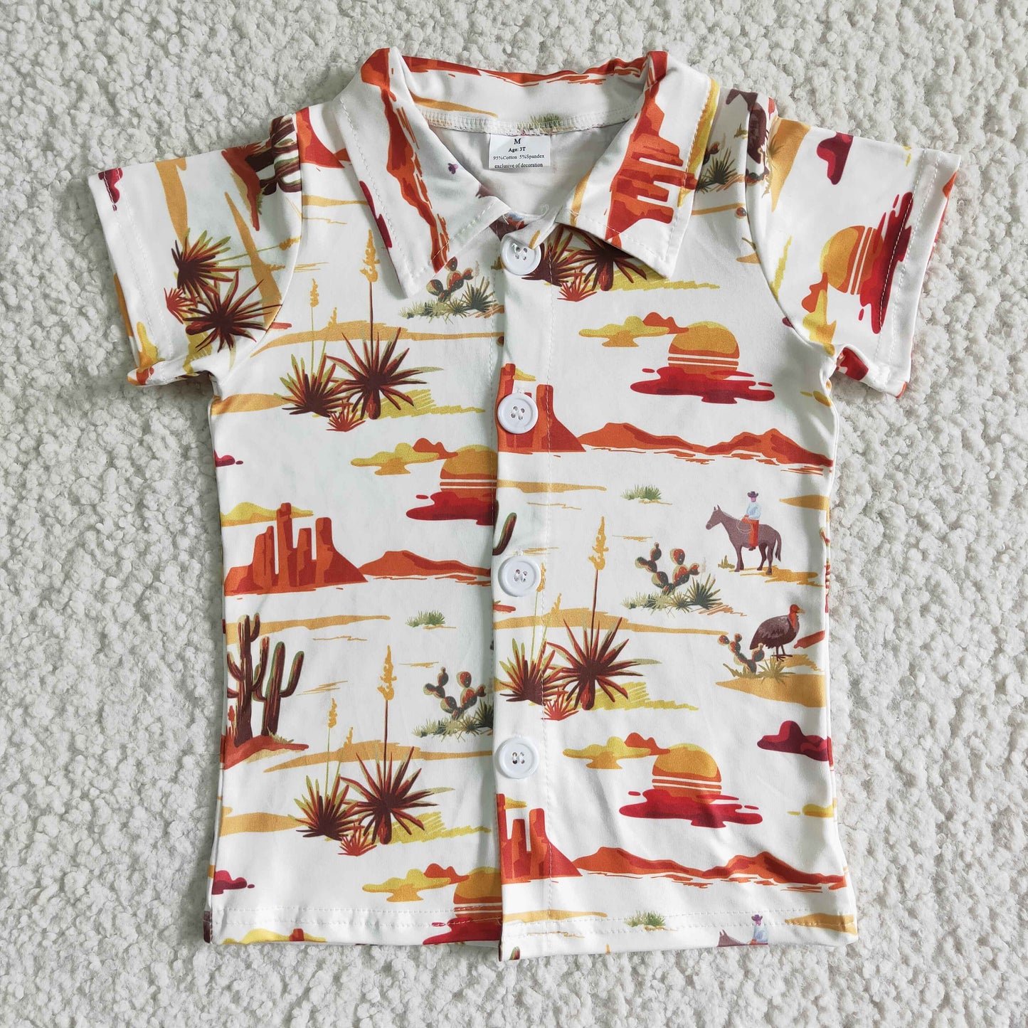 BT0015 RTS orange yellow sunshine cactus grass print white boy short sleeve shirt top 0525
