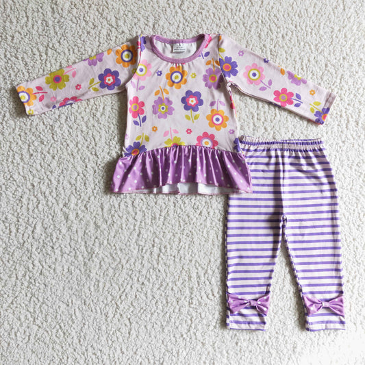 1011 RTS purple flower long sleeve stripe pants girl outfit