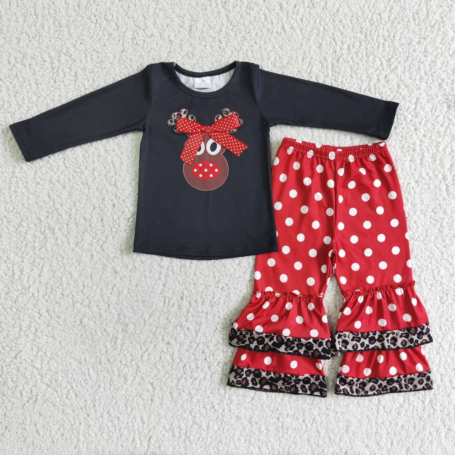 Christmas reindeer print black long sleeve dots red ruffle pants girl outfit 0621