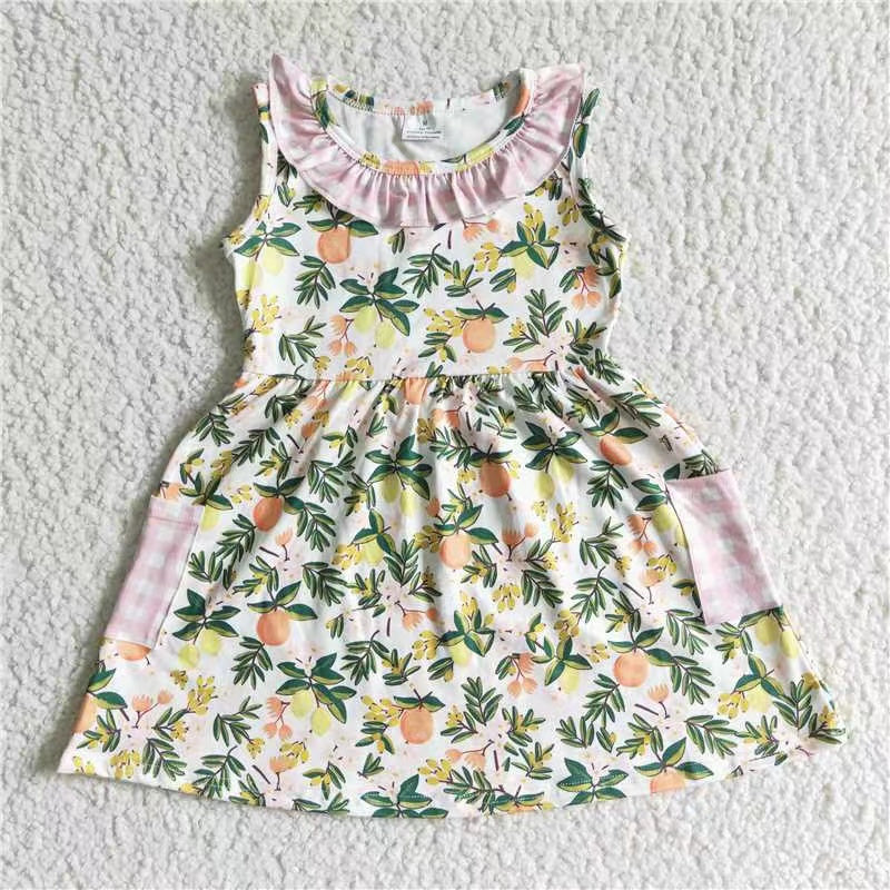promotion RTS GSD0062 RTS green yellow lime orange fruit Begonia print ruffle girl short sleeve pink plaid dress 20230417