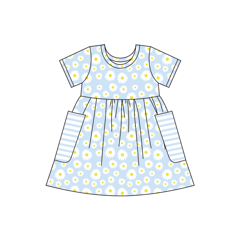 preorder blue sunflower Daisy short sleeves pockets girl dress 0516
