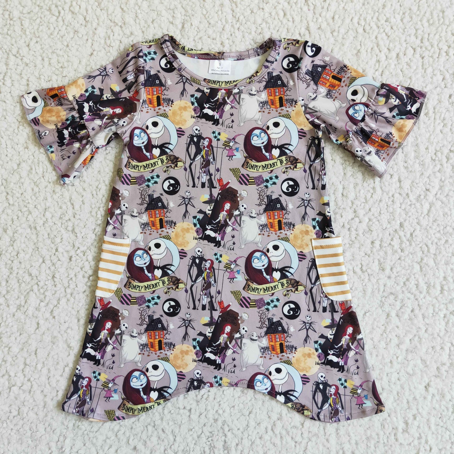 0708 RTS purple cartoon short sleeve halloween girl dress stripe pockets