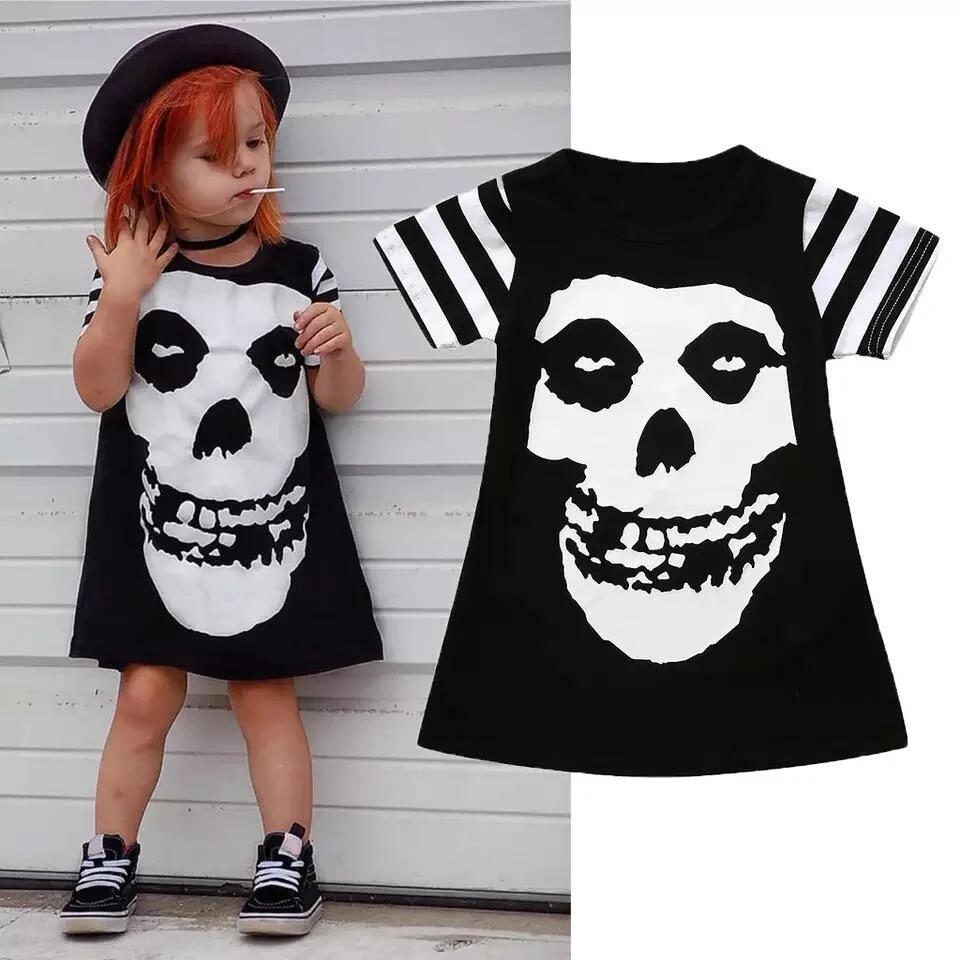 RTS black halloween goast skull short sleeve baby girl dress 0831 GSD0137