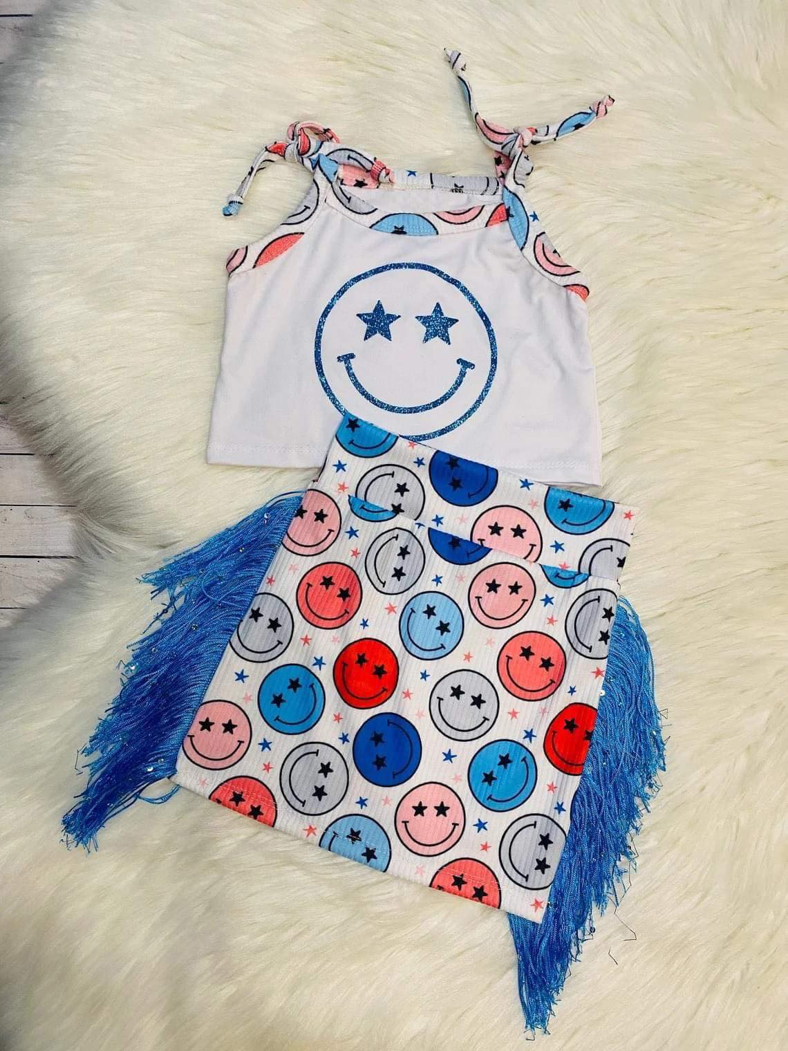 GSD0325  smile short sleeve tassel girl skirt outfit 20230440 RTS