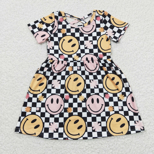 promotion RTS GSD0336 smile face plaid short sleeve girl dress 20230404