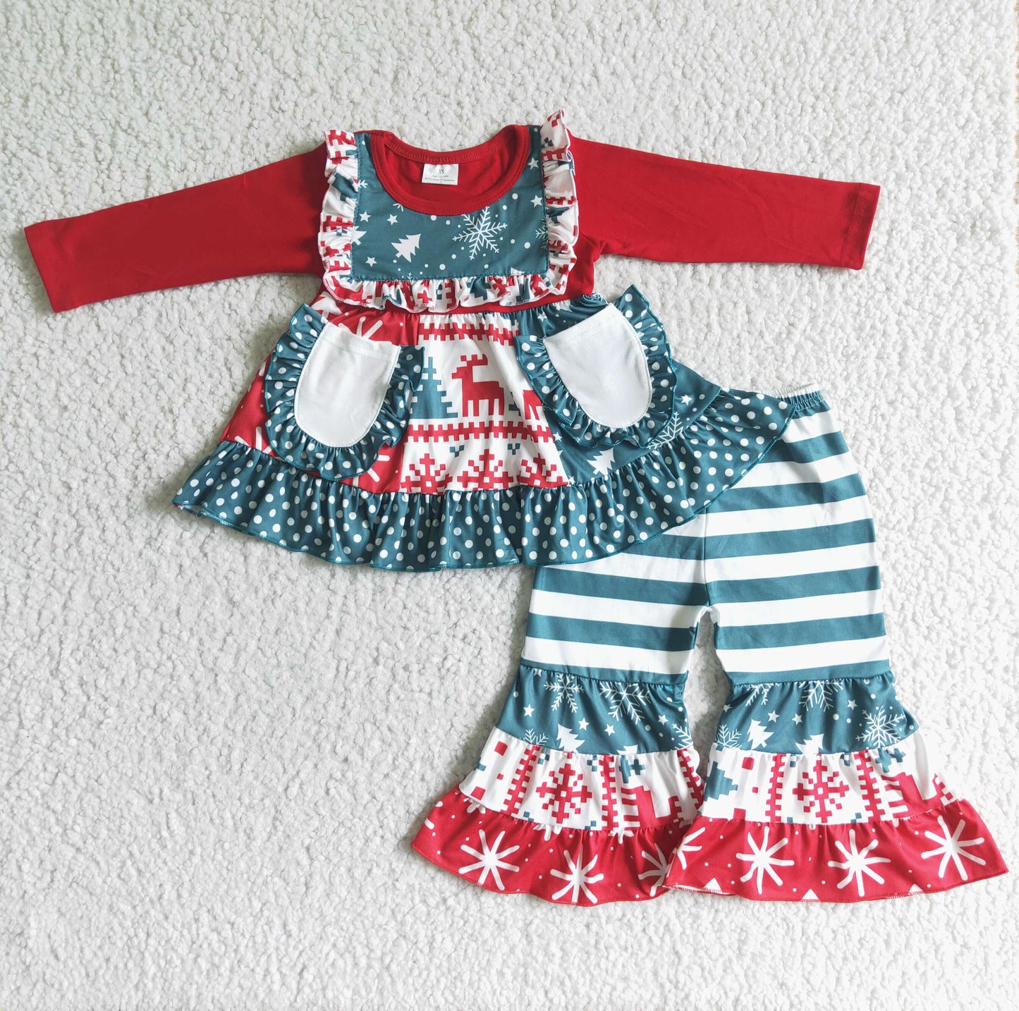Christmas red pocket stripe long sleeve bell bottom pants girl patchwork outfit 0615 RTS