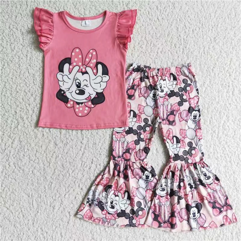 GSPO0092 promotion RTS cartoon mouse bow love heart pink short sleeve bell bottom girl outfits 0608