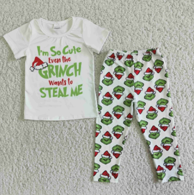 GSPO0099 RTS green grin short sleeves top green legging Christmas clothes 0524