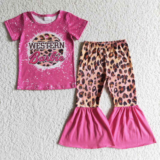 leopard hot pink western baibe short sleeve bell pants girl outfit clothes 0829 RTS