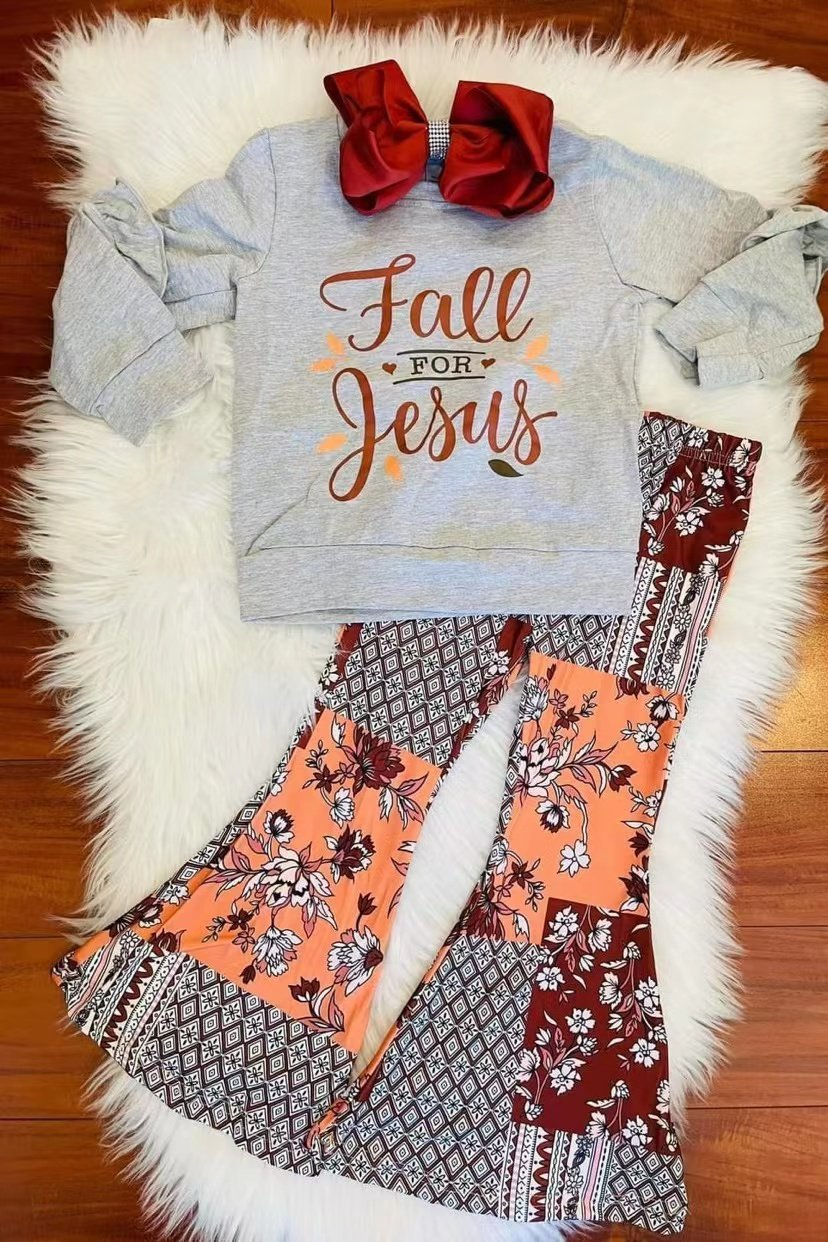 PROMOTION PRICE GSPO0126 RTS grey long sleeve top fall Jesus orange floral Rhombus Design bell pants girl outfit 20230612 RTS