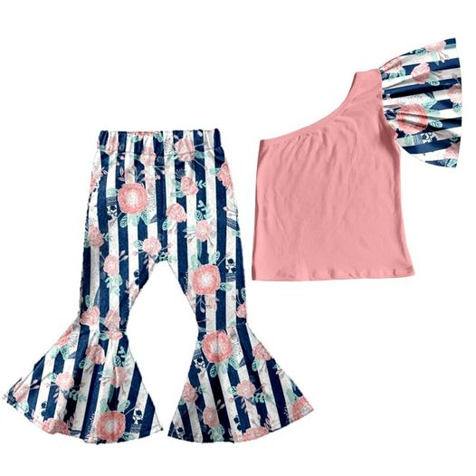 Preorder flare pink one sleeve floral stripe bell pants girl outfit clothes 0611