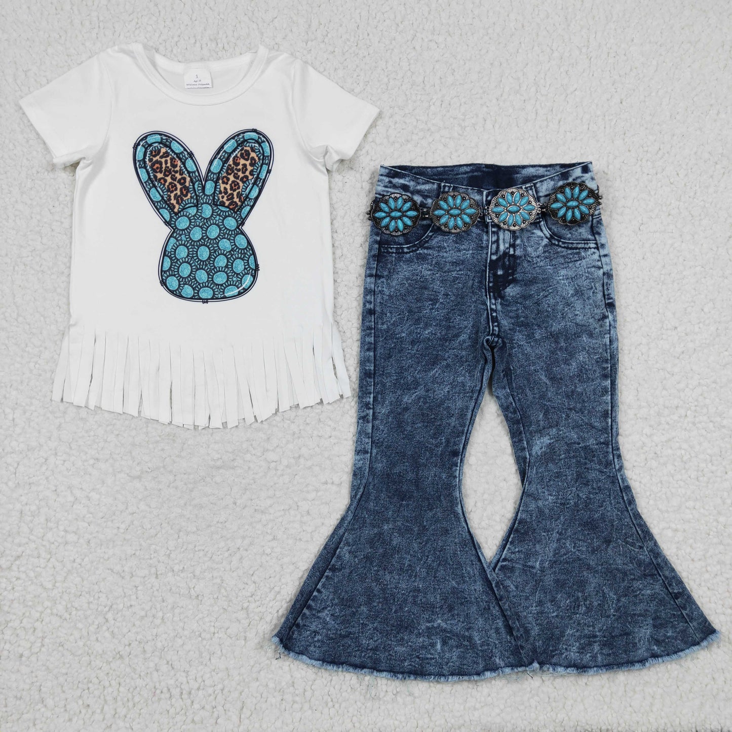 GSPO0462 rabbit 3pcs--choose belt western short sleeve gem denim jeans waistband belt girl outfit RTS 20230214