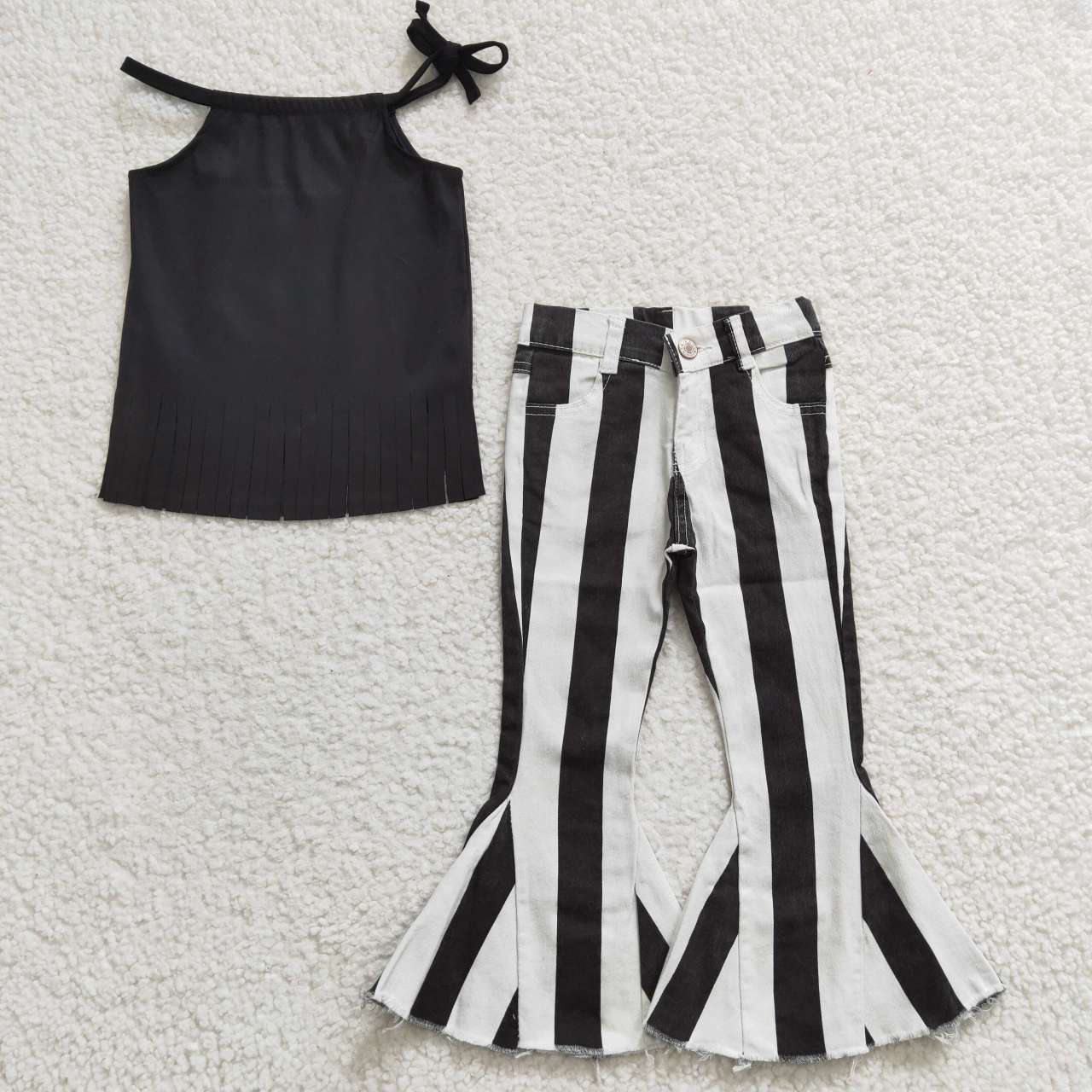 组合GSPO0564 Black tassel silk top short sleeve western stripe denim jeans girl outfit 20230315 RTS
