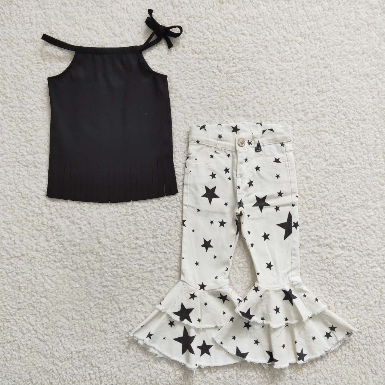 组合GSPO0565 Black silk tassel top short sleeve western white black stars denim jeans girl outfit 20230315 RTS