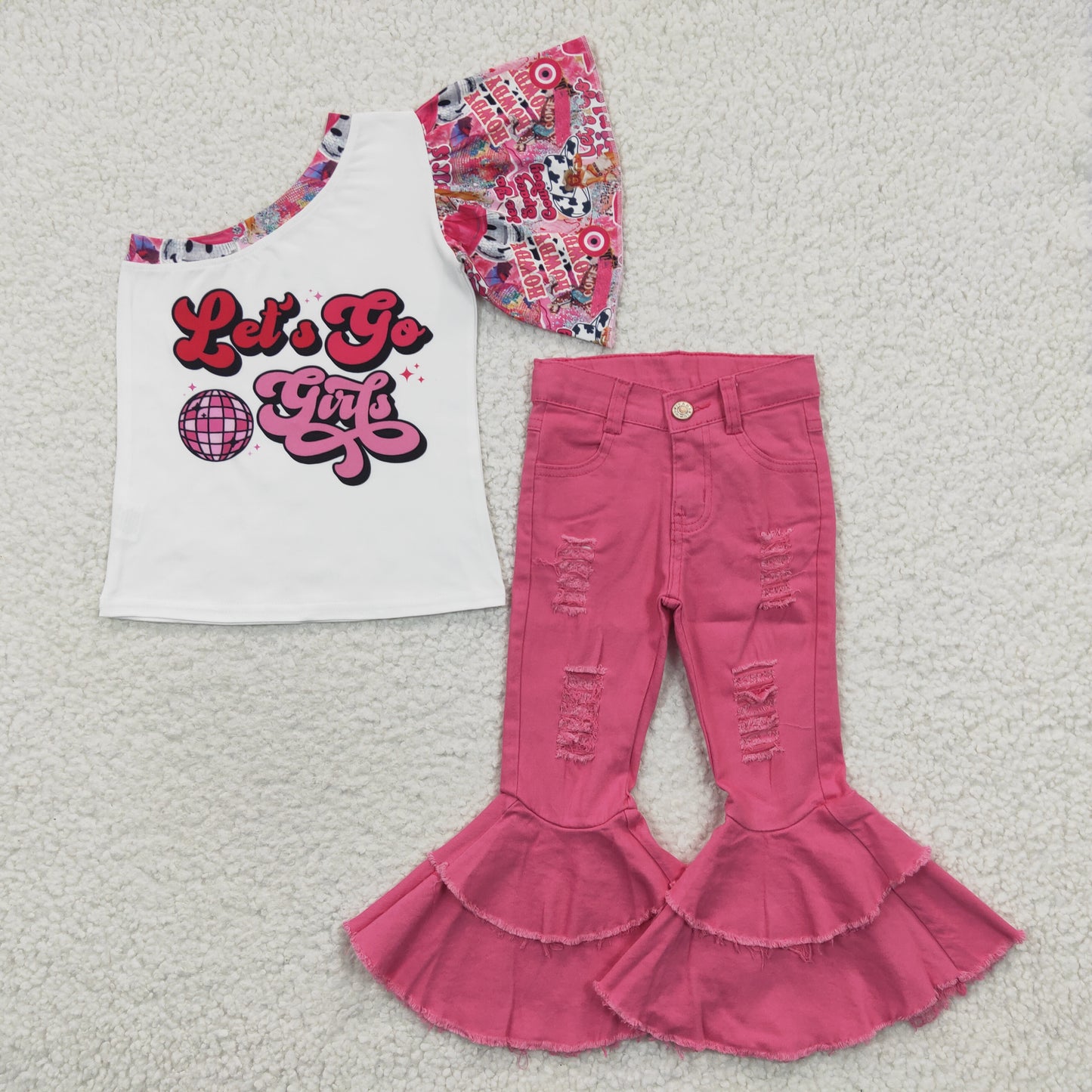 组合GSPO0594 RTS cow denim bell jeans western short sleeve girl outfit 20230329