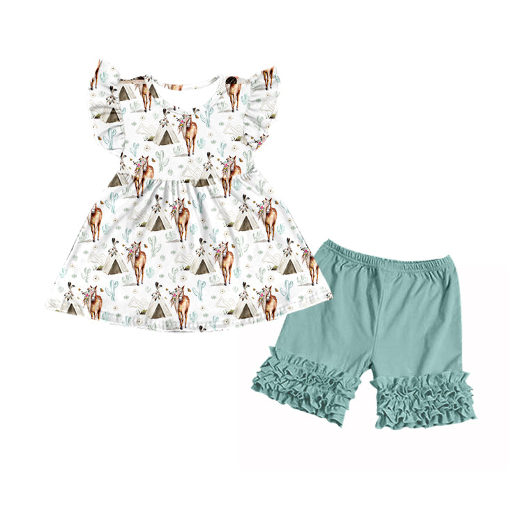 preorder rodeo cowboys horse flowers catcus western designs print green shorts baby girl outfit 0430