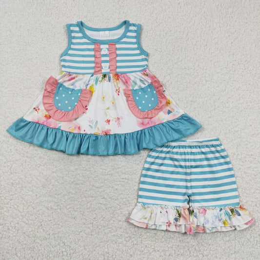 promotion RTS GSSO0240 flower ruffle bow short sleeve shorts girl summer outfit 20230414