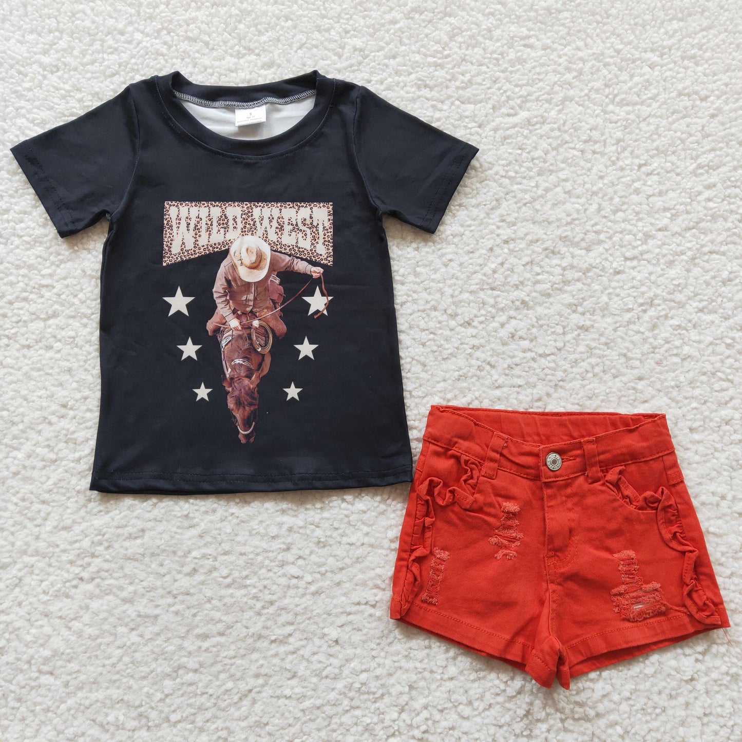 GSSO0254 western rodeo horse orange denim shorts girl outfit 20230307 RTS