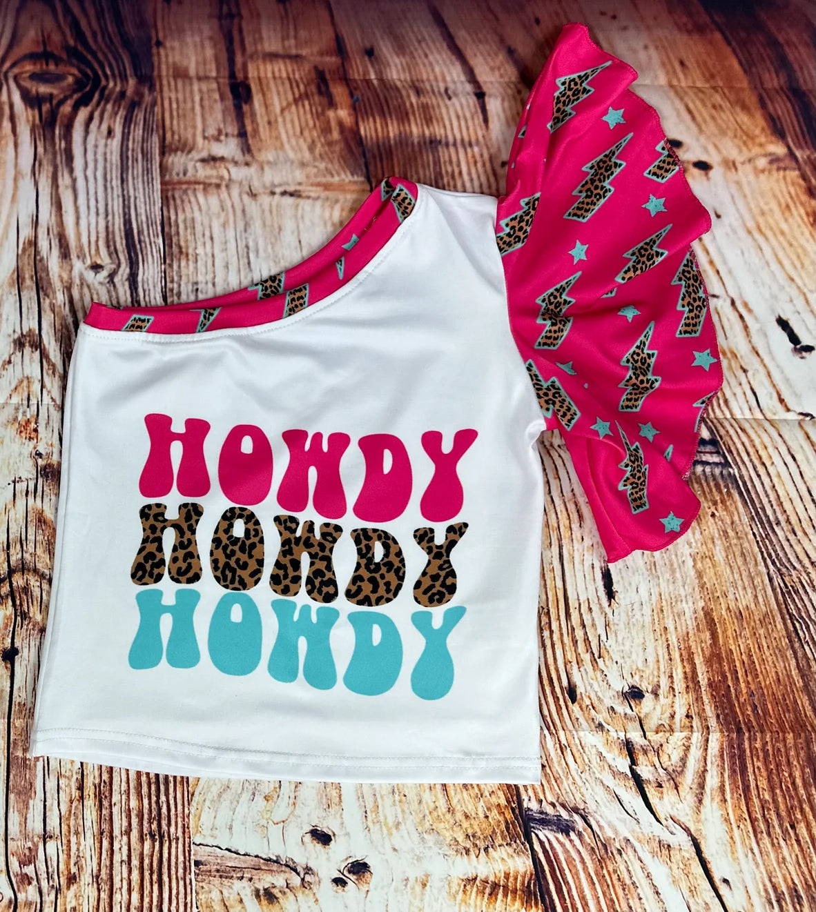 GT0165 western cow one shoulder ruffle short sleeve girl tee t-shirt top 20230406 RTS