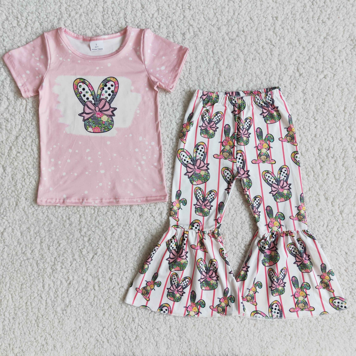promotion E10-16 rabbit bow pink dot stripe short sleeve bell bottom girl outfit