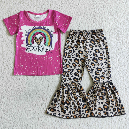 B15-23 love hot pink ruffle short sleeve top pink leopard long bell bottom pants girl outfit 0722 RTS