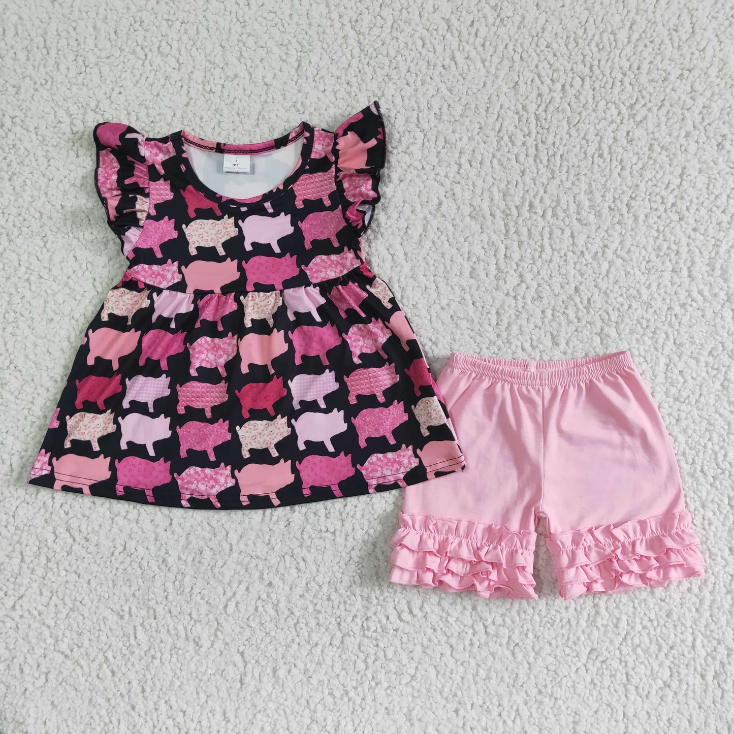 promotion RTS Pig black puffy pink ruffles girl short sleeve shorts outfits 0520
