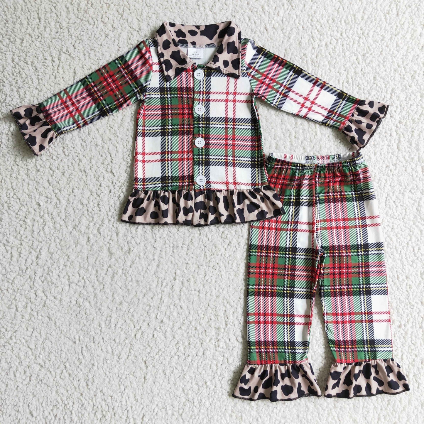 Plaid red green long sleeve leopard ruffle girl pajamas RTS 1102