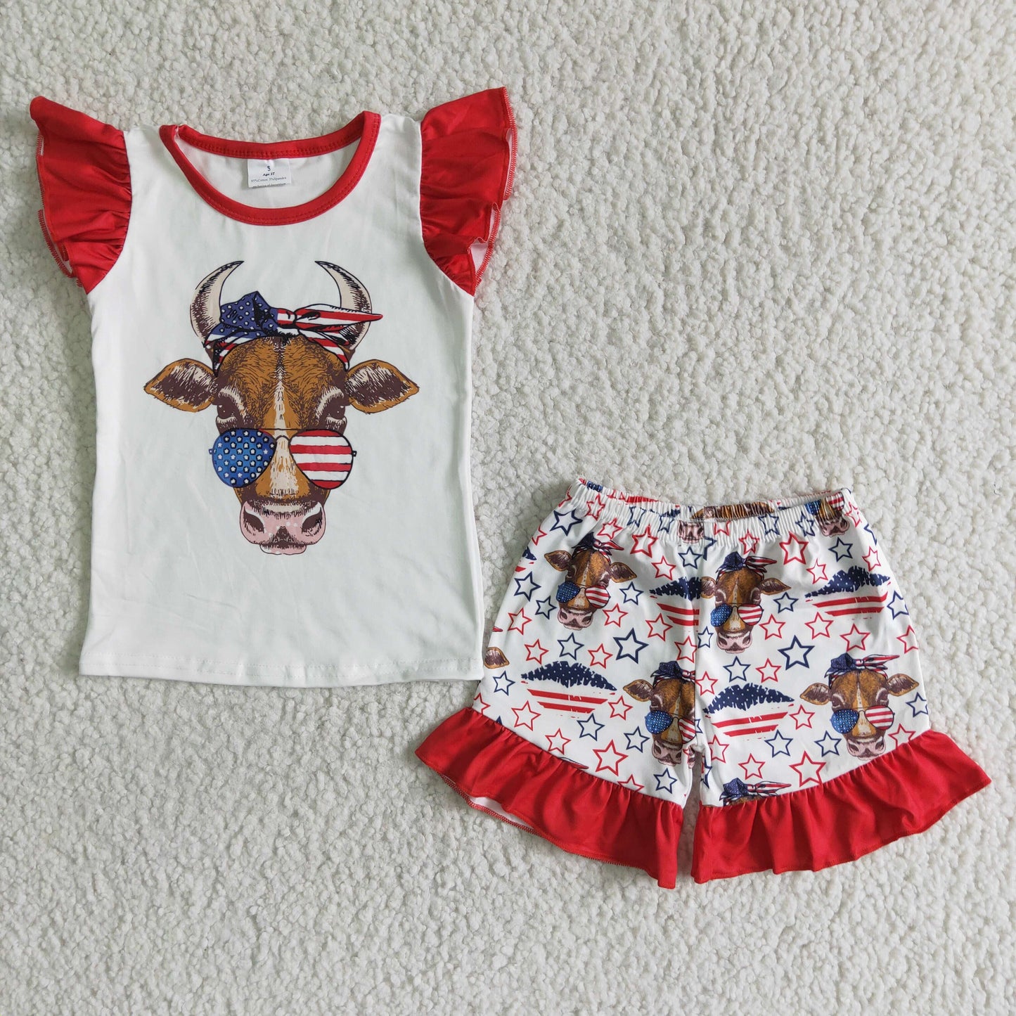 stars glasses red flutter cow 4th of July girl short sleeve shorts outfit 0331