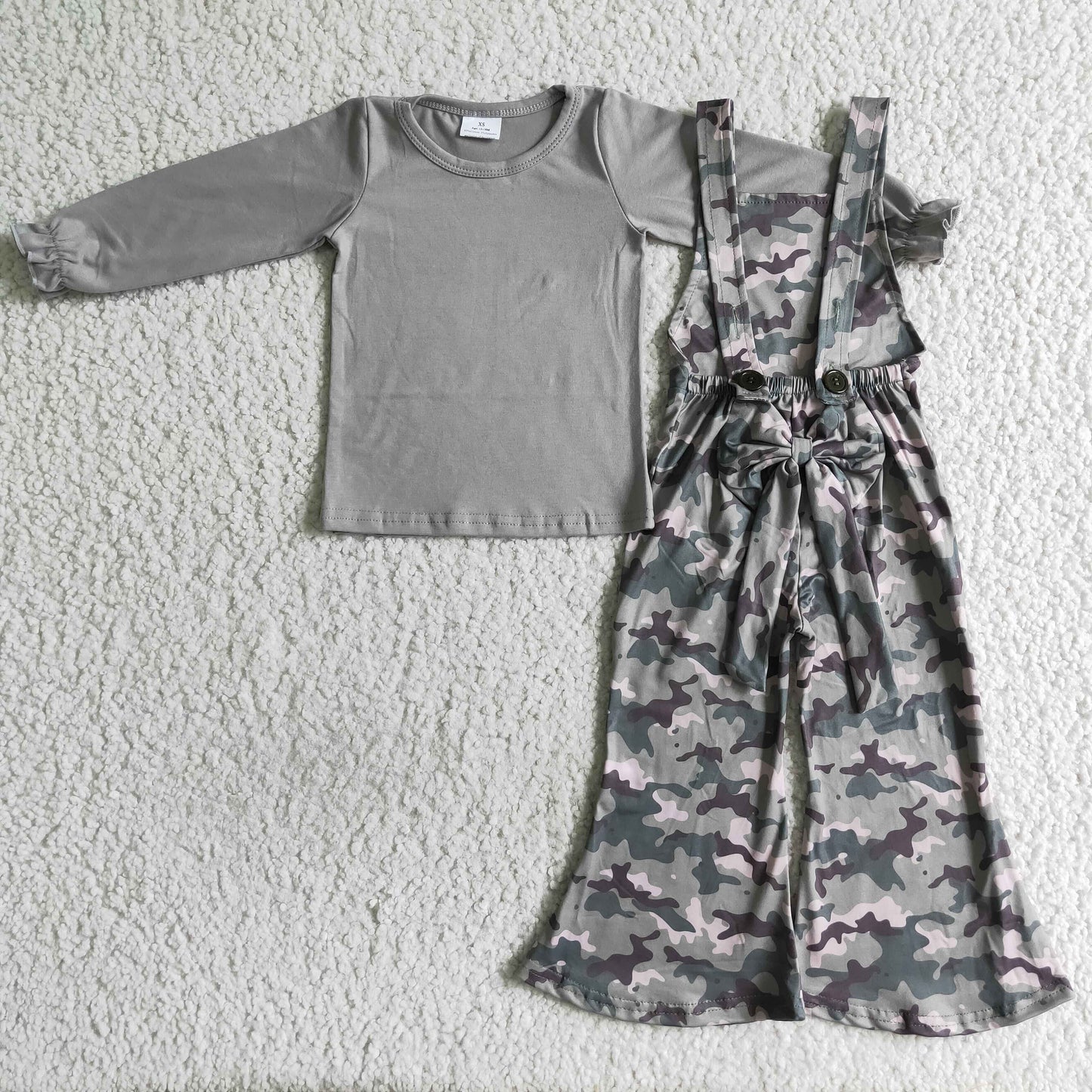 Girl Grey Bow Camo Long Sleeve Overall Outfits 0719 RTS