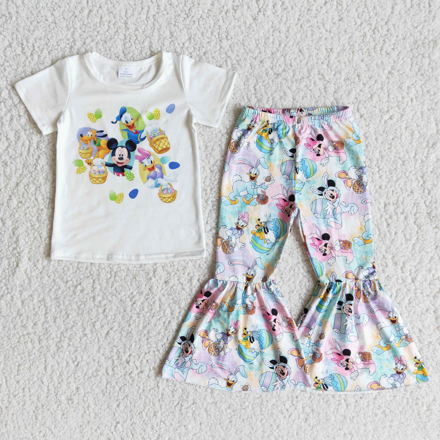 Promotion E10-18 Easter rabbit cartoon mouse duck eggs white short sleeve bell bottom girl outfit 0103